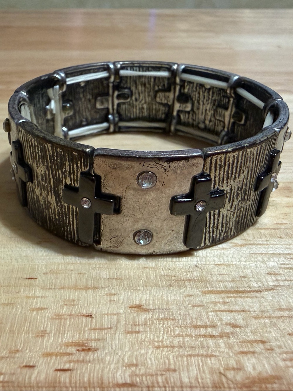 Cross Accent Stretch Bracelet in Silver and Black